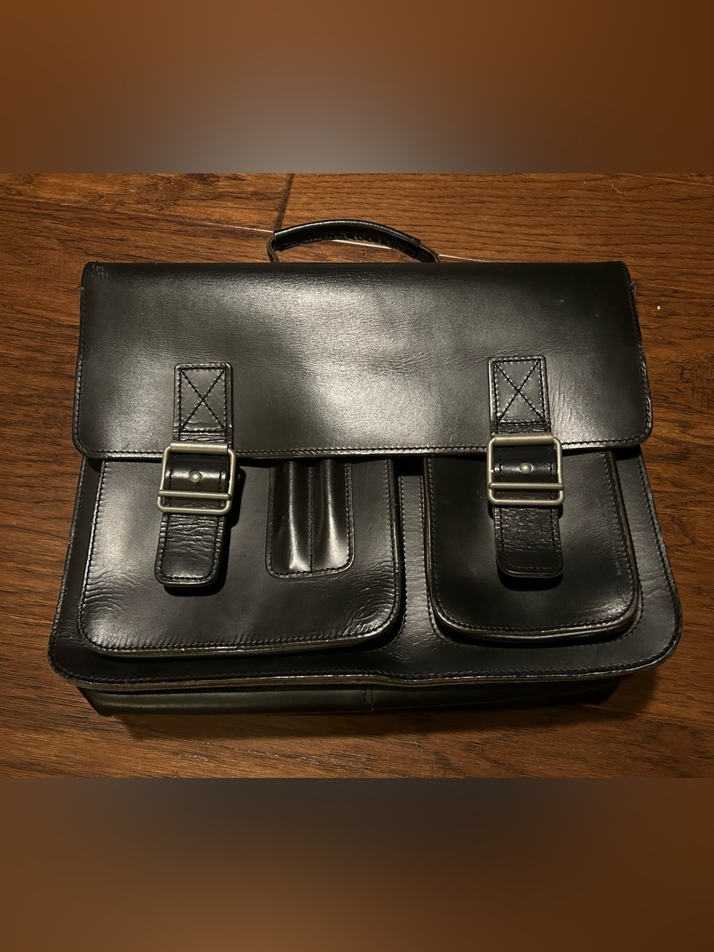 vintage black leather messenger briefcase German brand McNeill.